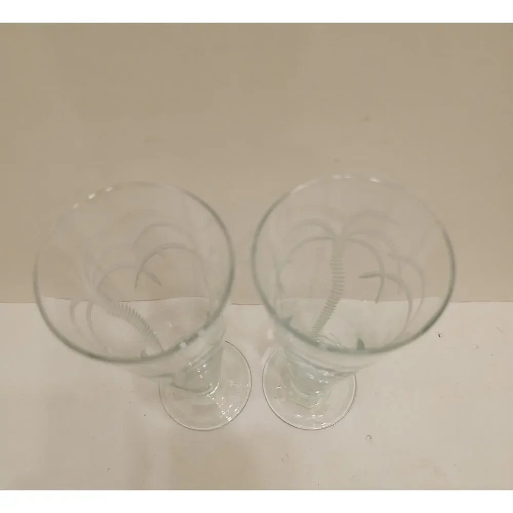 Lot of‎ 2 Rolf Palm Tree Etched Pilsners Tall Crystal Glasses Tropical Clear Set